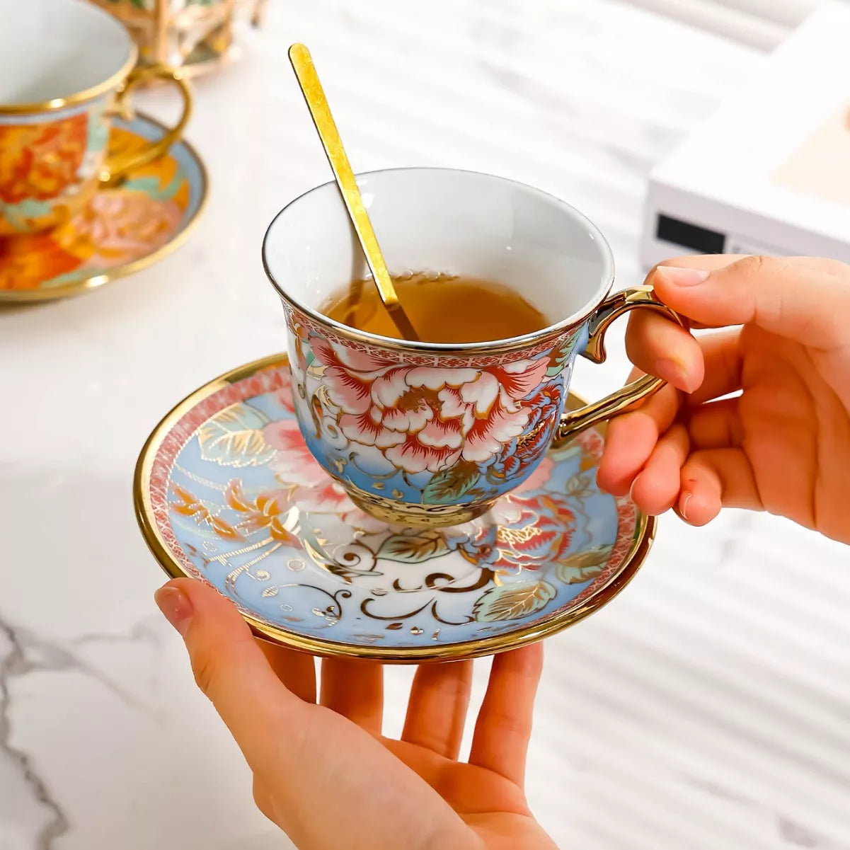 Vintage Floral Porcelain Tea & Coffee Cup Set with Saucer and Scoop