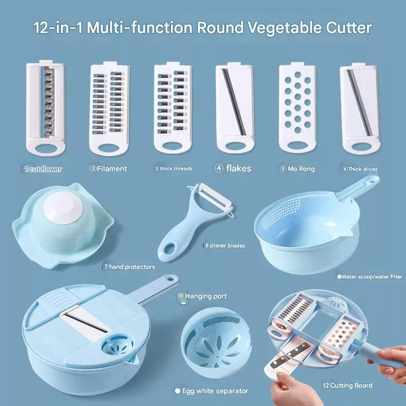 12-in-1 Manual Food Chopper and Vegetable Cutter with Slicer, Grater & Peeler