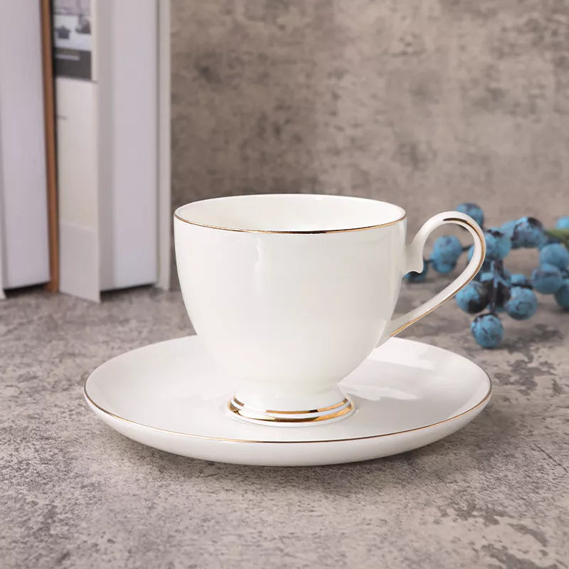 Elegant Nordic White Bone China Coffee Cup with Gold Rim & Matching Saucer