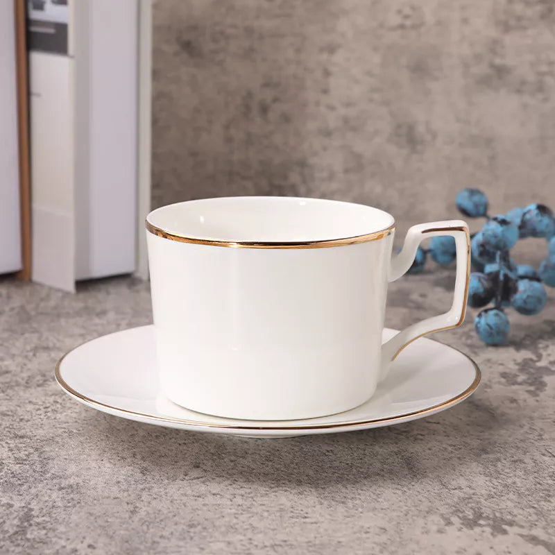 Elegant Nordic White Bone China Coffee Cup with Gold Rim & Matching Saucer