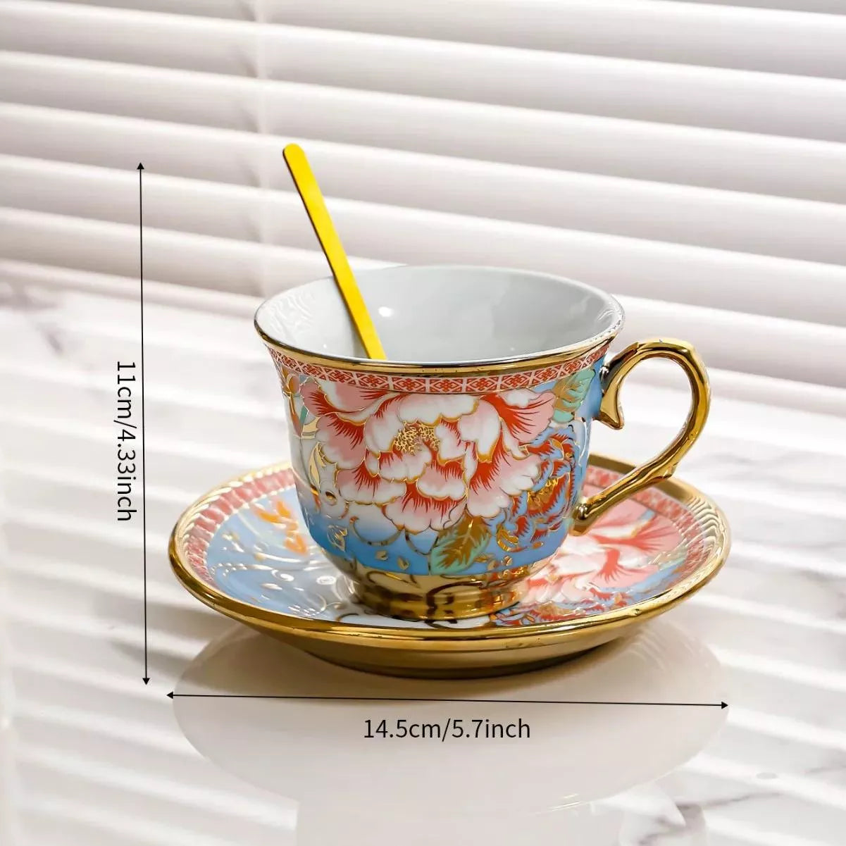 Vintage Floral Porcelain Tea & Coffee Cup Set with Saucer and Scoop