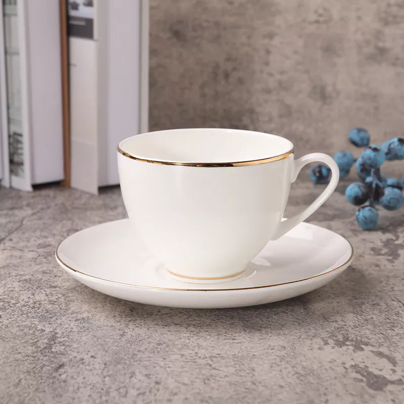 Elegant Nordic White Bone China Coffee Cup with Gold Rim & Matching Saucer