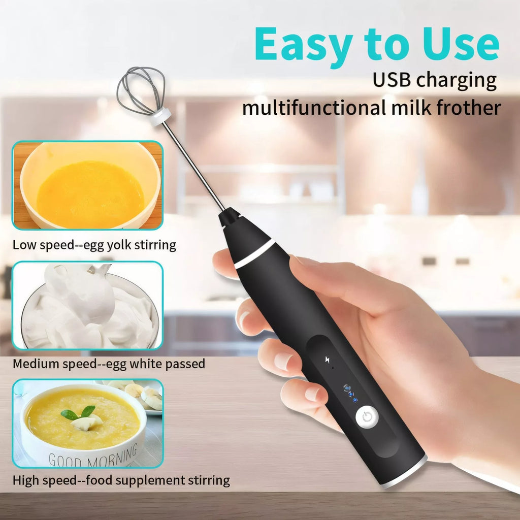 USB Rechargeable Milk Frother – 3-Speed Handheld Coffee Foam Maker