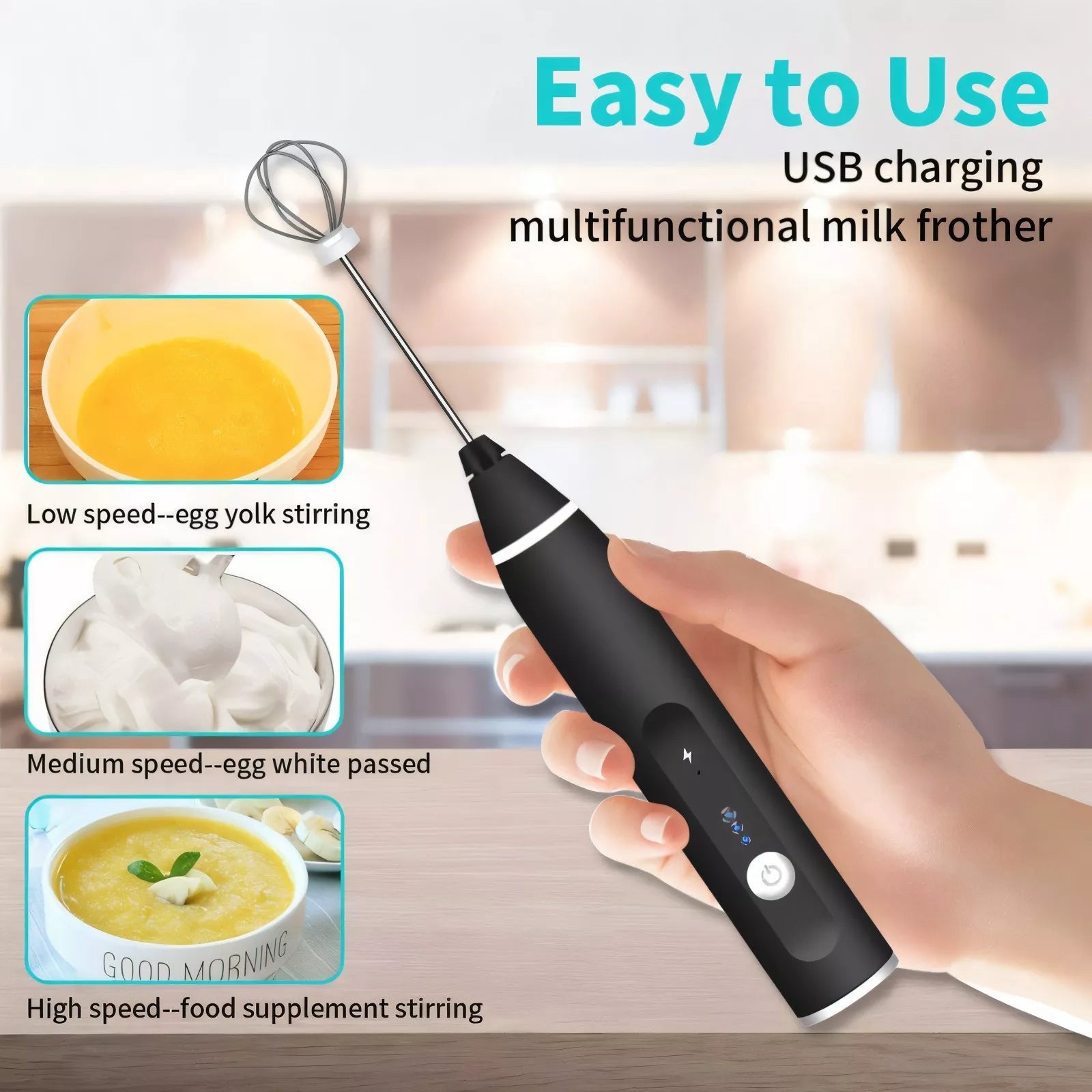 USB Rechargeable Milk Frother – 3-Speed Handheld Coffee Foam Maker