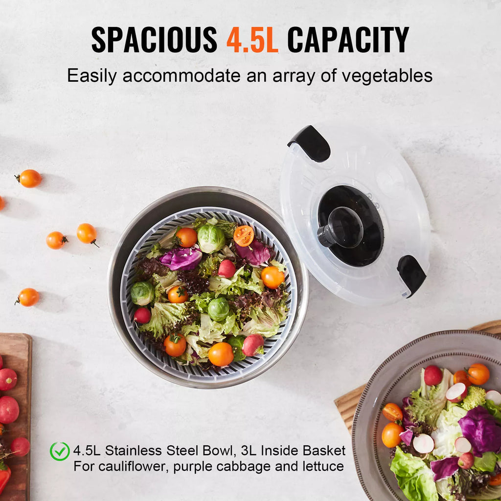 Stainless Steel Salad Spinner – Easy One-Hand Press Lettuce & Vegetable Dryer 4.75Qt