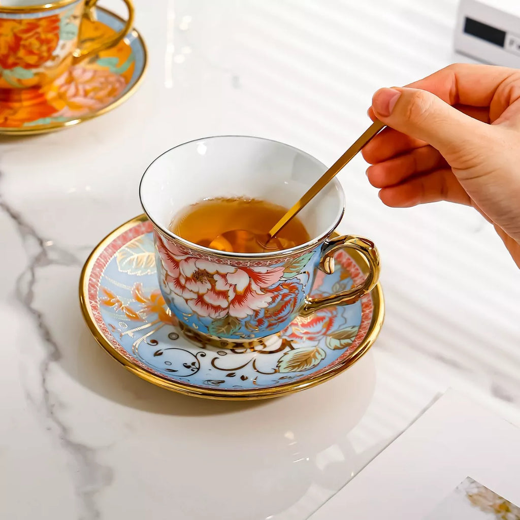 Vintage Floral Porcelain Tea & Coffee Cup Set with Saucer and Scoop