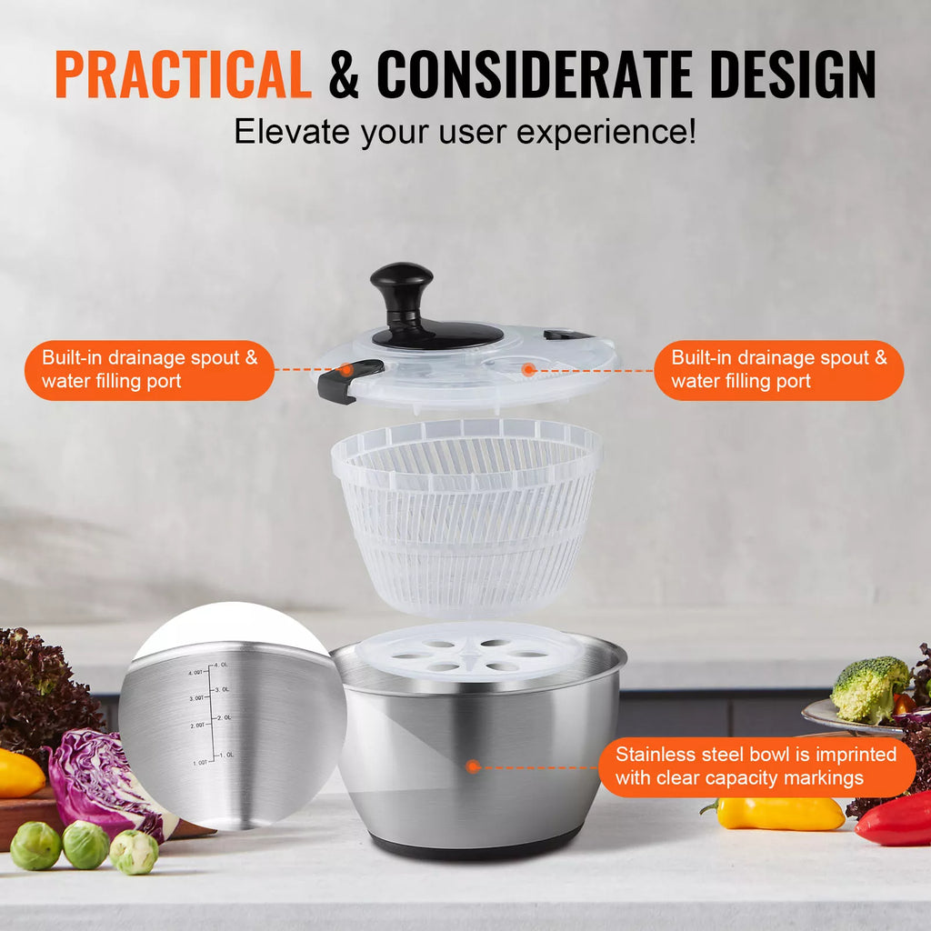 Stainless Steel Salad Spinner – Easy One-Hand Press Lettuce & Vegetable Dryer 4.75Qt