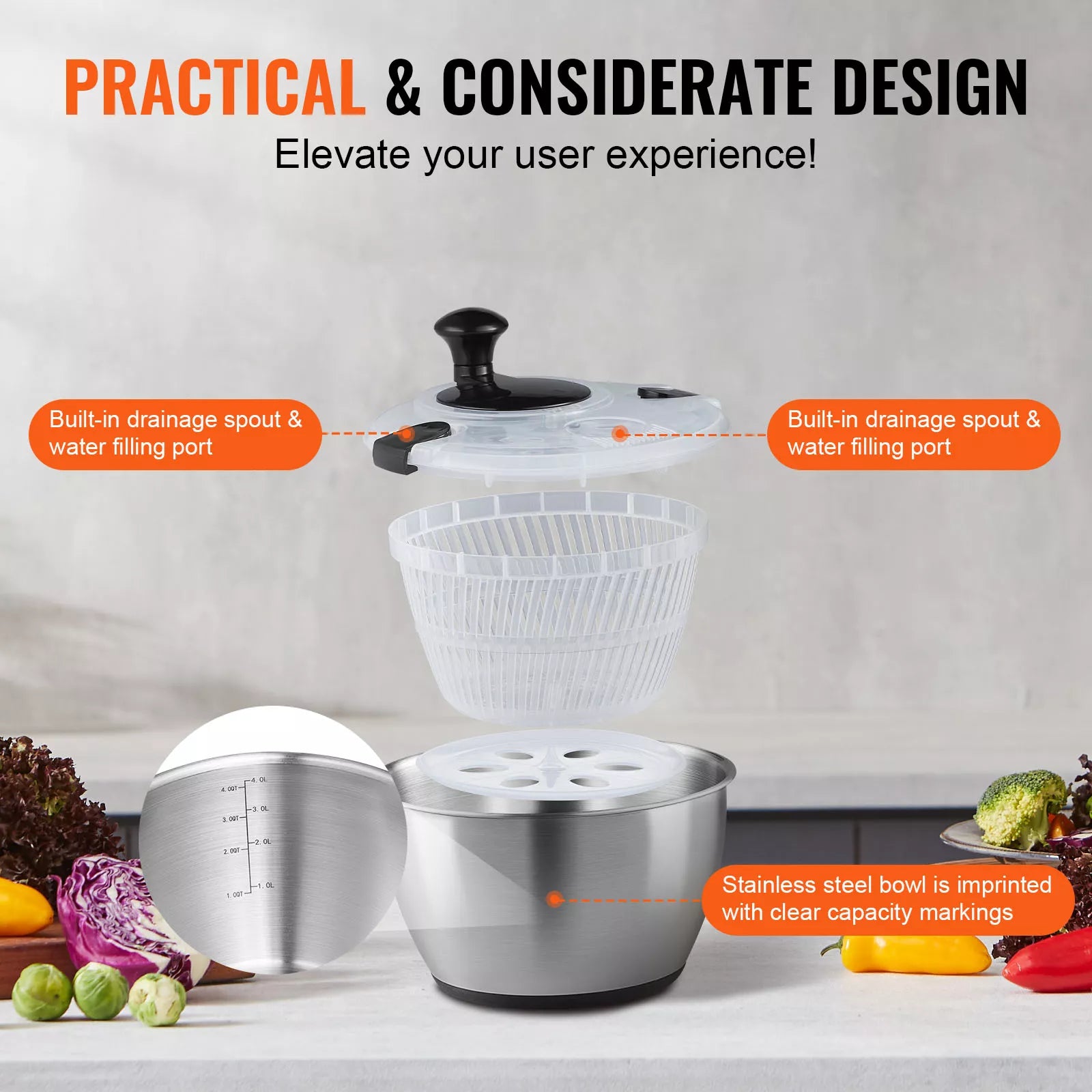 Stainless Steel Salad Spinner – Easy One-Hand Press Lettuce & Vegetable Dryer 4.75Qt