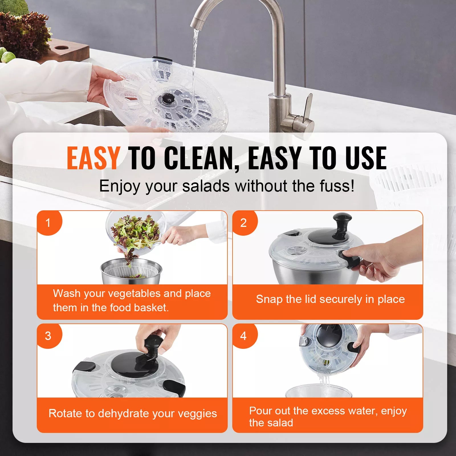 Stainless Steel Salad Spinner – Easy One-Hand Press Lettuce & Vegetable Dryer 4.75Qt